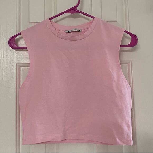 ZARA • Baby Pink Cropped Fitted Sleeveless Scoop Neck Tank Top - Picture 3 of 6